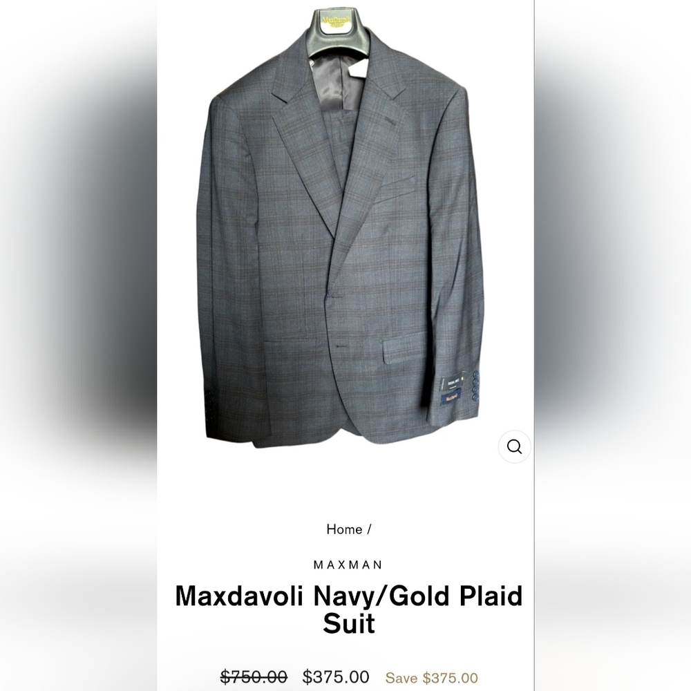 MaxDavoli Moderno Navy Plaid Suit. 44/38R. 100% Wool